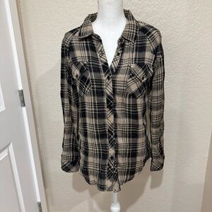Rails Black and Tan Plaid Button Down Shirt Size L 100% Cotton Casual Comfy